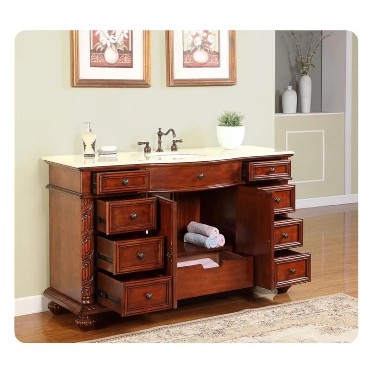Silkroad Exclusive 60" Single Sink Red Chestnut Bathroom Vanity With Crema Marfil Marble Countertop and White Ceramic Undermount Sink - FS-0268-CM-UWC-60