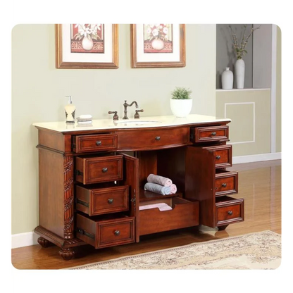 Silkroad Exclusive 60" Single Sink Red Chestnut Bathroom Vanity With Crema Marfil Marble Countertop and White Ceramic Undermount Sink - FS-0268-CM-UWC-60