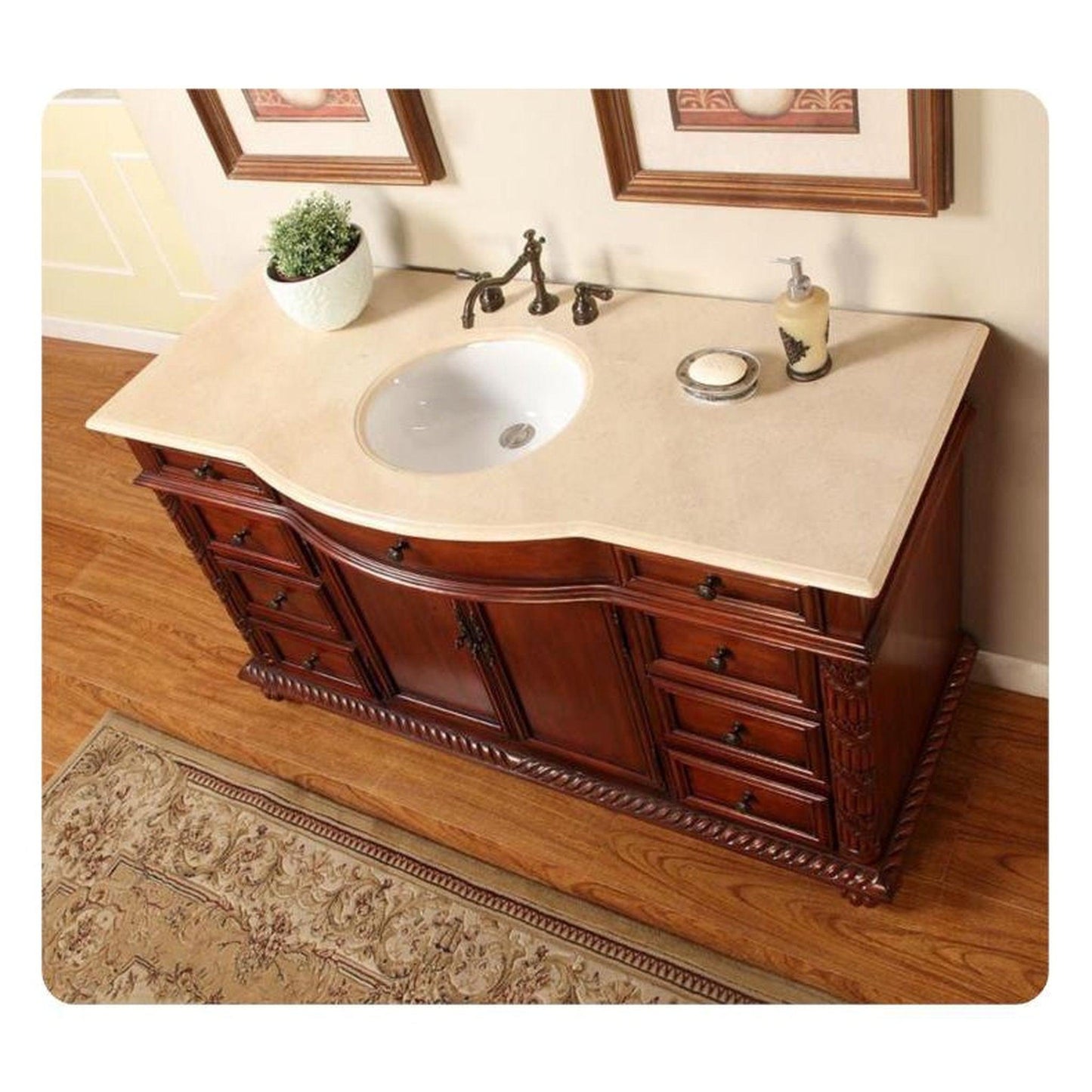 Silkroad Exclusive 60" Single Sink Red Chestnut Bathroom Vanity With Crema Marfil Marble Countertop and White Ceramic Undermount Sink - FS-0268-CM-UWC-60