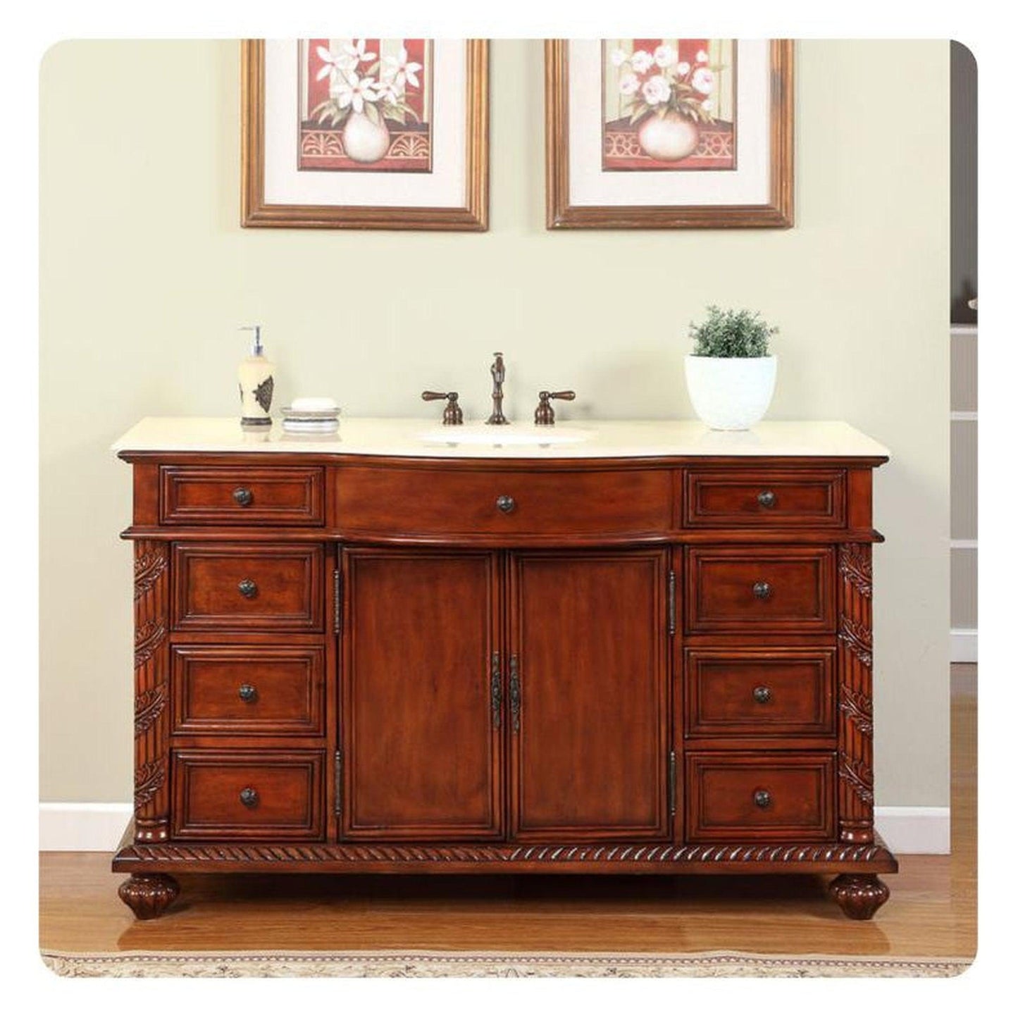 Silkroad Exclusive 60" Single Sink Red Chestnut Bathroom Vanity With Crema Marfil Marble Countertop and White Ceramic Undermount Sink - FS-0268-CM-UWC-60