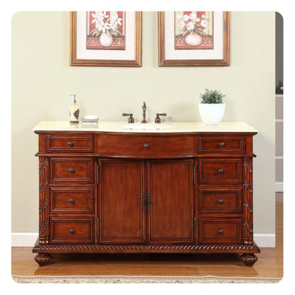 Silkroad Exclusive 60" Single Sink Red Chestnut Bathroom Vanity With Crema Marfil Marble Countertop and White Ceramic Undermount Sink - FS-0268-CM-UWC-60