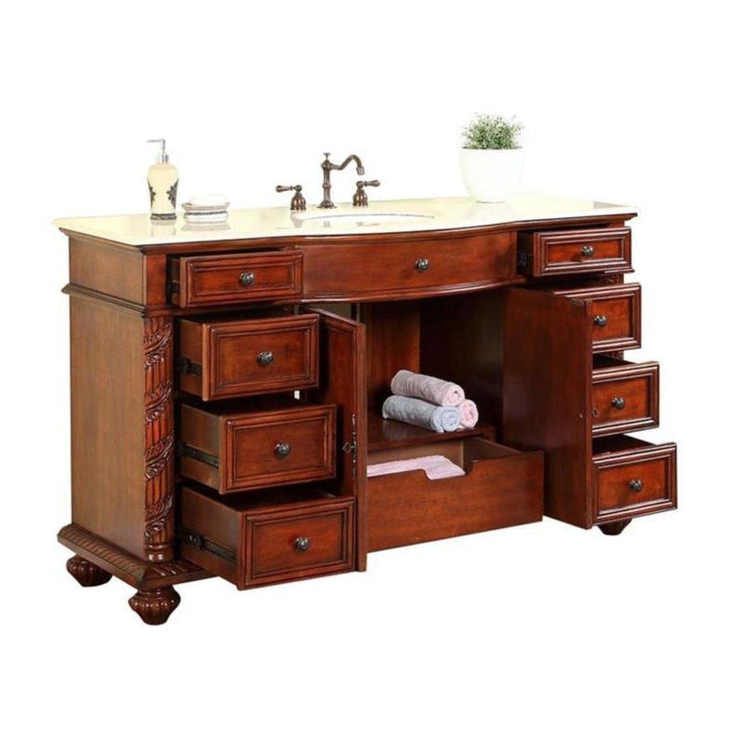 Silkroad Exclusive 60" Single Sink Red Chestnut Bathroom Vanity With Crema Marfil Marble Countertop and White Ceramic Undermount Sink - FS-0268-CM-UWC-60