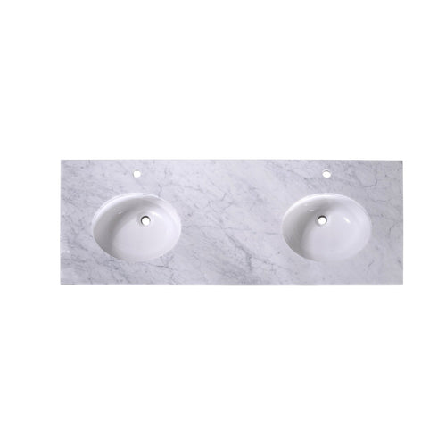 Silkroad Exclusive 60" x 22" White Carrara Marble Vanity Top With White Double Oval Undermount Sink and 4" Backsplash - T60D06