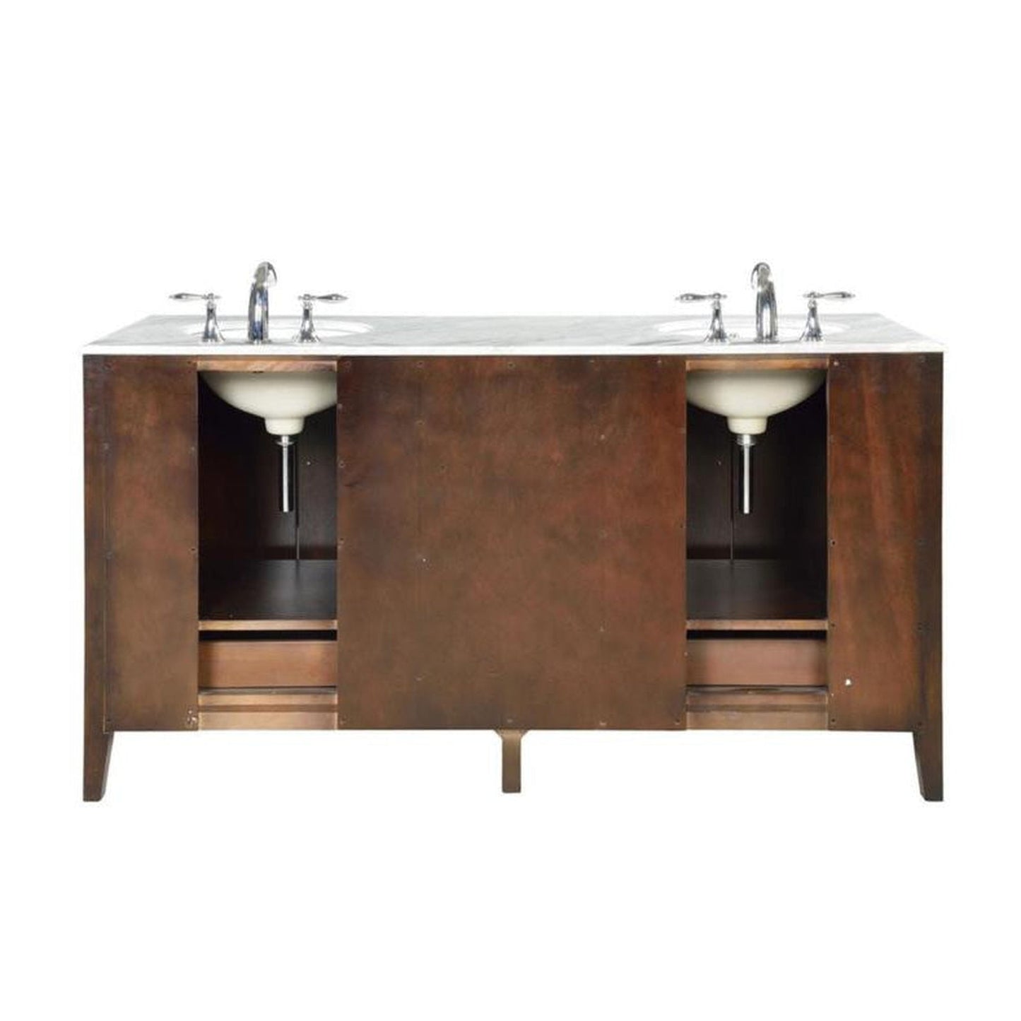 Silkroad Exclusive 68" Double Sink Dark Walnut Bathroom Vanity With Carrara White Marble Countertop and White Ceramic Undermount Sink - FS-0269-WM-UWC-68