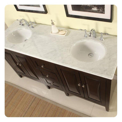 Silkroad Exclusive 68" Double Sink Dark Walnut Bathroom Vanity With Carrara White Marble Countertop and White Ceramic Undermount Sink - FS-0269-WM-UWC-68