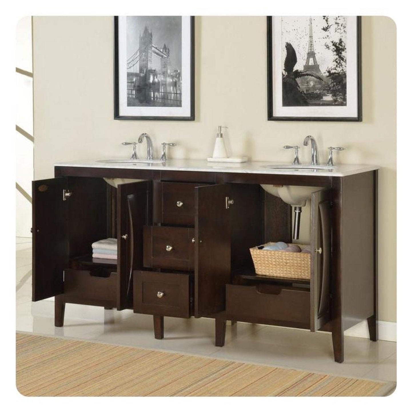 Silkroad Exclusive 68" Double Sink Dark Walnut Bathroom Vanity With Carrara White Marble Countertop and White Ceramic Undermount Sink - FS-0269-WM-UWC-68