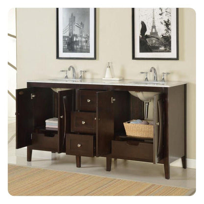 Silkroad Exclusive 68" Double Sink Dark Walnut Bathroom Vanity With Carrara White Marble Countertop and White Ceramic Undermount Sink - FS-0269-WM-UWC-68