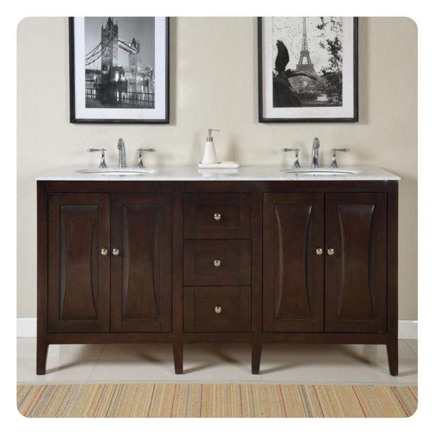 Silkroad Exclusive 68" Double Sink Dark Walnut Bathroom Vanity With Carrara White Marble Countertop and White Ceramic Undermount Sink - FS-0269-WM-UWC-68