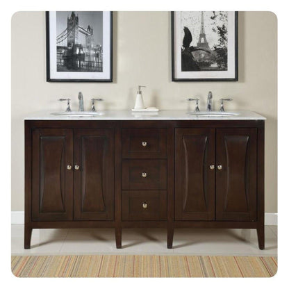 Silkroad Exclusive 68" Double Sink Dark Walnut Bathroom Vanity With Carrara White Marble Countertop and White Ceramic Undermount Sink - FS-0269-WM-UWC-68
