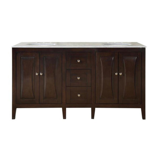 Silkroad Exclusive 68" Double Sink Dark Walnut Bathroom Vanity With Carrara White Marble Countertop and White Ceramic Undermount Sink - FS-0269-WM-UWC-68