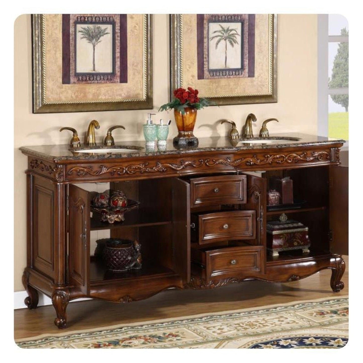 Silkroad Exclusive 72" Double Sink English Chestnut Bathroom Vanity With Baltic Brown Granite Countertop and Ivory Ceramic Undermount Sink - HYP-8034-BB-UIC-72