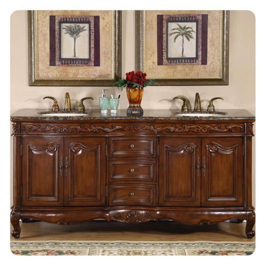 Silkroad Exclusive 72" Double Sink English Chestnut Bathroom Vanity With Baltic Brown Granite Countertop and Ivory Ceramic Undermount Sink - HYP-8034-BB-UIC-72