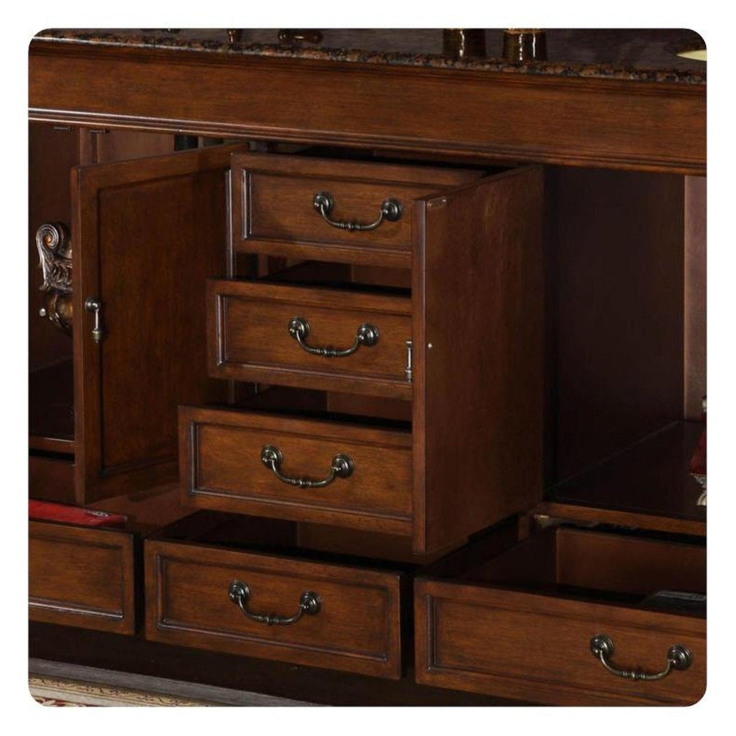 Silkroad Exclusive 72" Double Sink Red Chestnut Bathroom Vanity With Baltic Brown Granite Countertop and Ivory Ceramic Undermount Sink - HYP-0715-BB-UIC-72