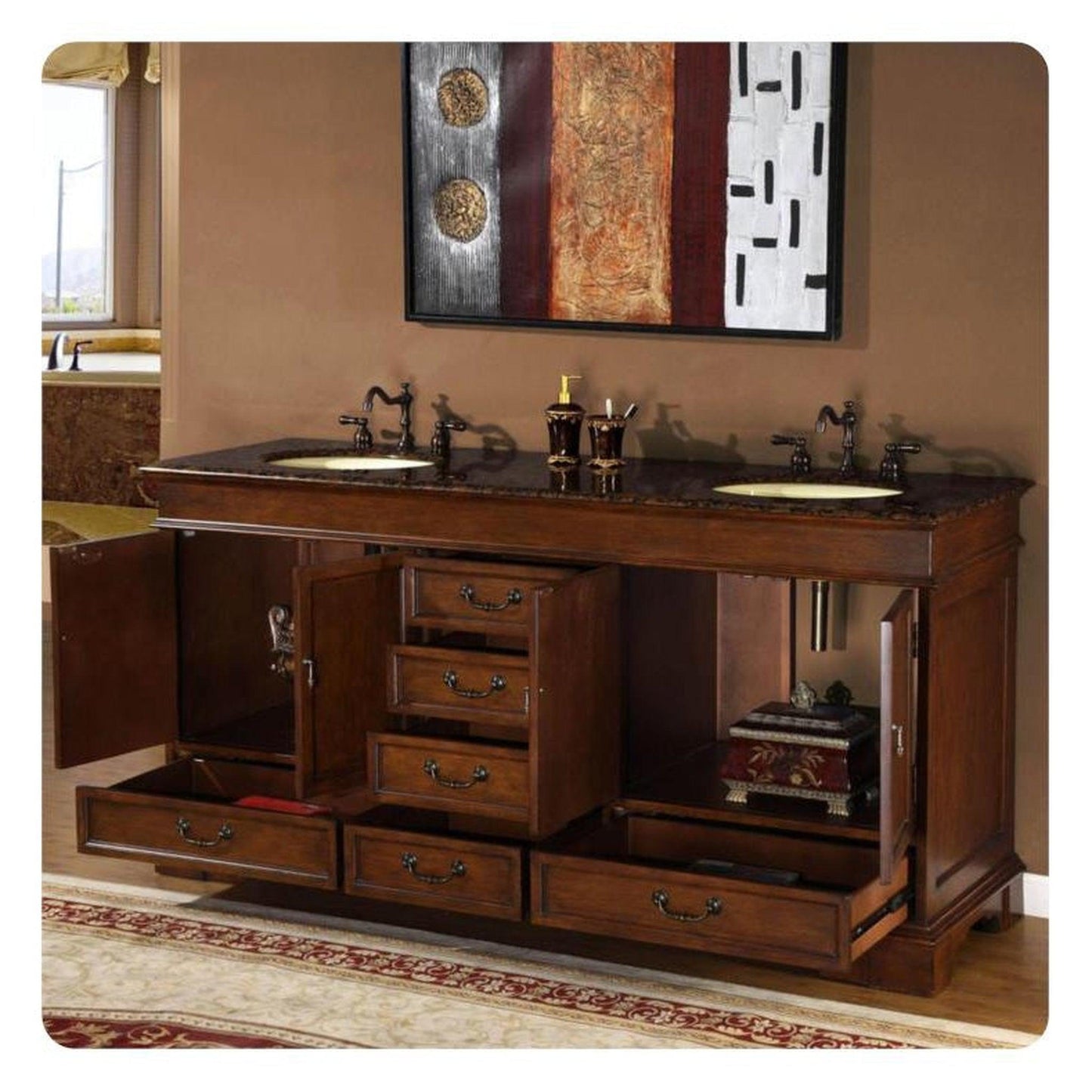 Silkroad Exclusive 72" Double Sink Red Chestnut Bathroom Vanity With Baltic Brown Granite Countertop and Ivory Ceramic Undermount Sink - HYP-0715-BB-UIC-72