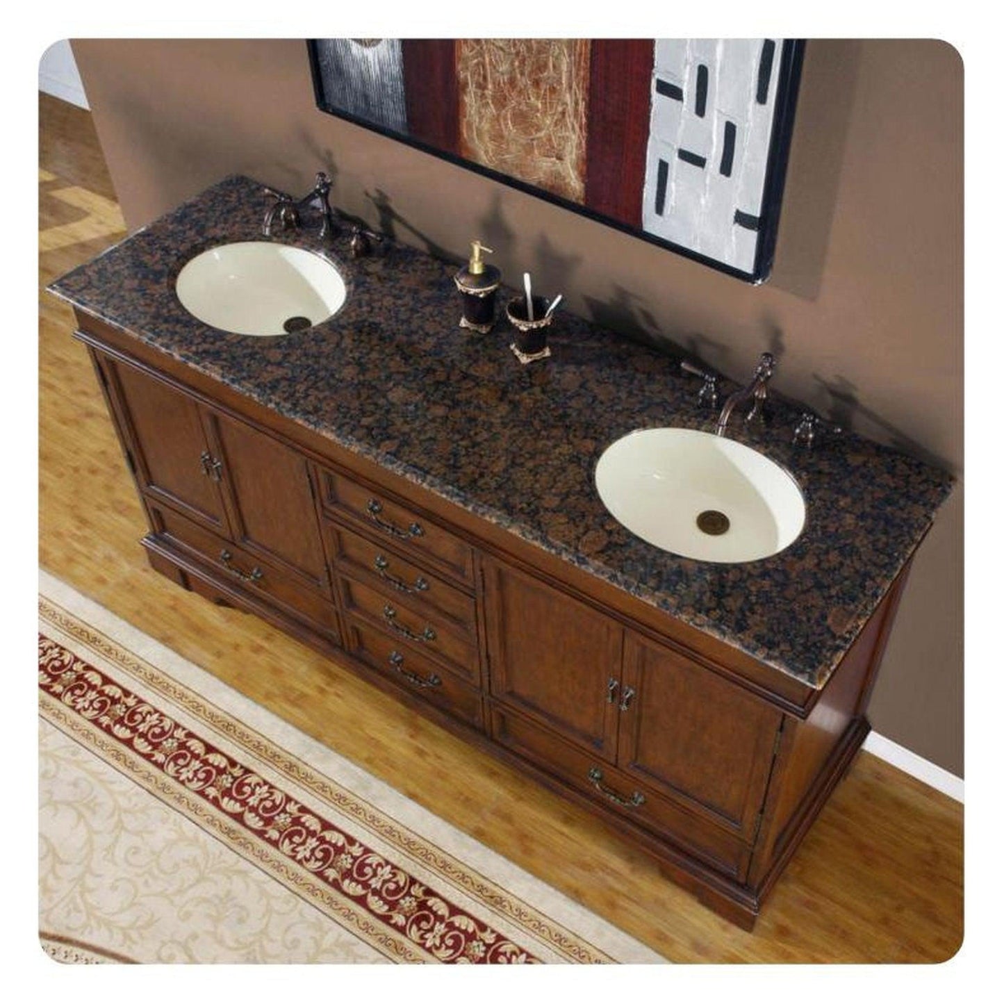Silkroad Exclusive 72" Double Sink Red Chestnut Bathroom Vanity With Baltic Brown Granite Countertop and Ivory Ceramic Undermount Sink - HYP-0715-BB-UIC-72