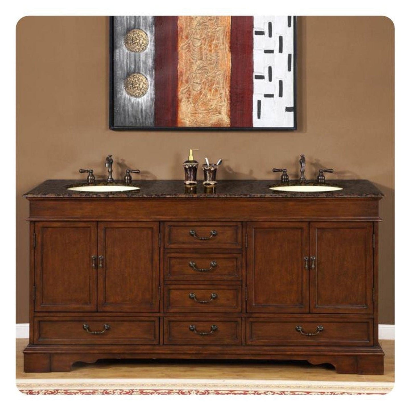 Silkroad Exclusive 72" Double Sink Red Chestnut Bathroom Vanity With Baltic Brown Granite Countertop and Ivory Ceramic Undermount Sink - HYP-0715-BB-UIC-72