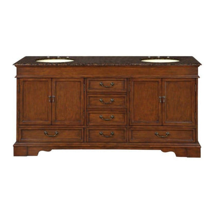 Silkroad Exclusive 72" Double Sink Red Chestnut Bathroom Vanity With Baltic Brown Granite Countertop and Ivory Ceramic Undermount Sink - HYP-0715-BB-UIC-72