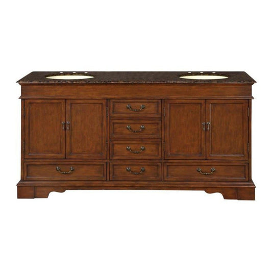 Silkroad Exclusive 72" Double Sink Red Chestnut Bathroom Vanity With Baltic Brown Granite Countertop and Ivory Ceramic Undermount Sink - HYP-0715-BB-UIC-72