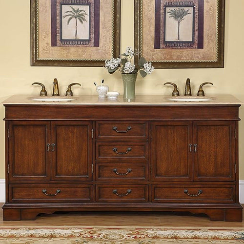 Silkroad Exclusive 72" Double Sink Red Chestnut Bathroom Vanity With Travertine Countertop and Ivory Ceramic Undermount Sink - HYP-0715-T-UIC-72
