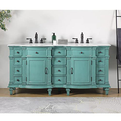 Silkroad Exclusive 72" Double Sink Retro Green Bathroom Vanity With Carrara White Marble Countertop and White Ceramic Undermount Sink - V0722NW72D