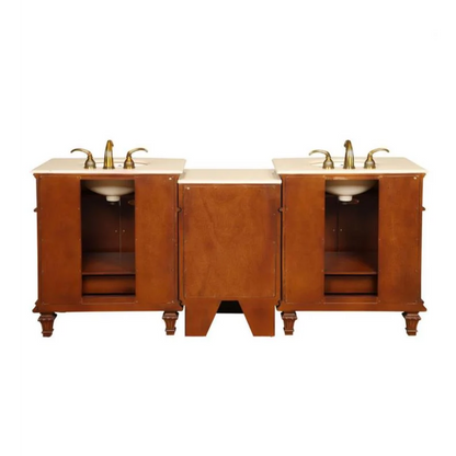 Silkroad Exclusive 80" Double Sink Cherry Modular Bathroom Vanity With Crema Marfil Marble Countertop, Ivory Ceramic Undermount Sink and Drawer Bank Cabinet - HYP-0205-CM-UIC-80