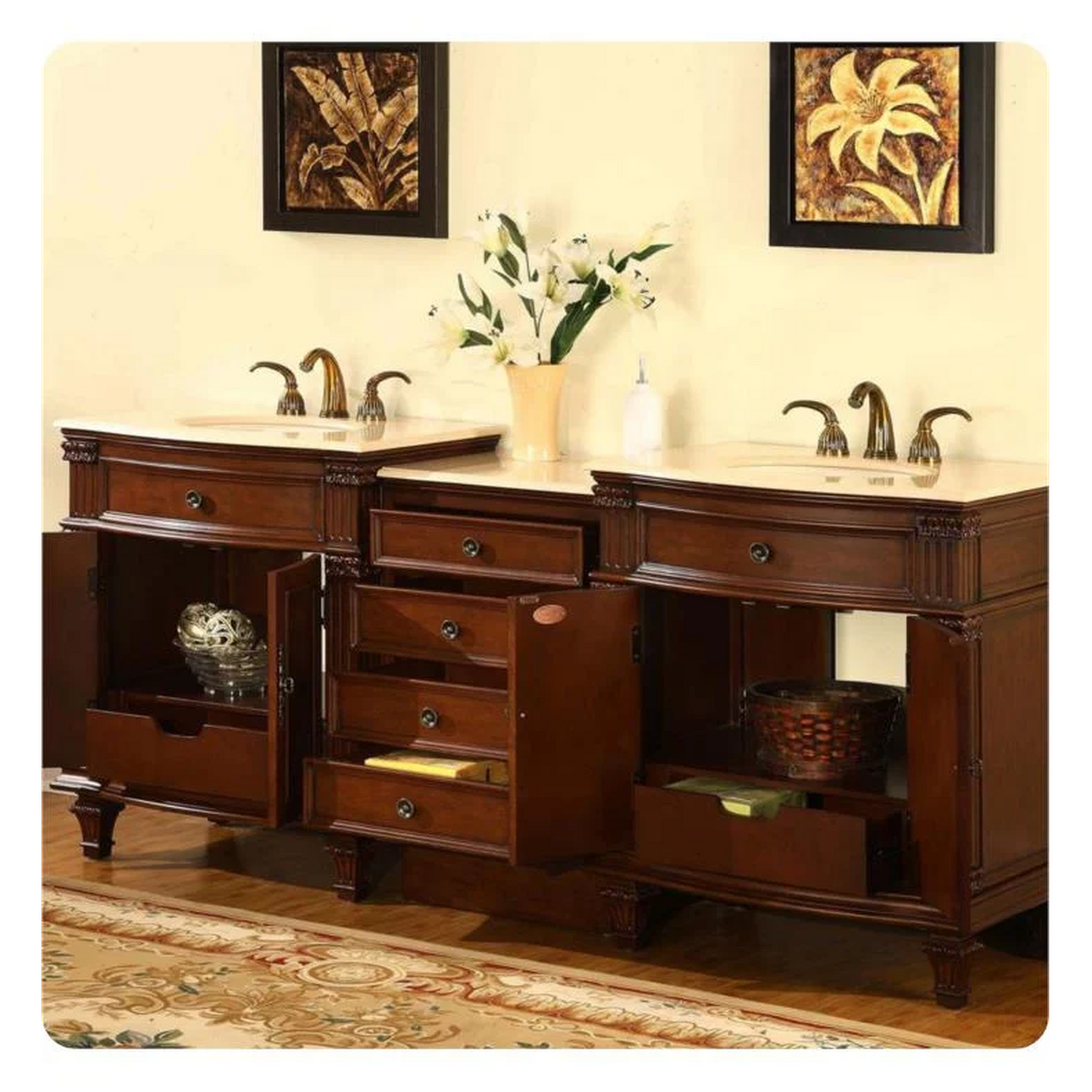 Silkroad Exclusive 80" Double Sink Cherry Modular Bathroom Vanity With Crema Marfil Marble Countertop, Ivory Ceramic Undermount Sink and Drawer Bank Cabinet - HYP-0205-CM-UIC-80