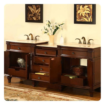 Silkroad Exclusive 80" Double Sink Cherry Modular Bathroom Vanity With Crema Marfil Marble Countertop, Ivory Ceramic Undermount Sink and Drawer Bank Cabinet - HYP-0205-CM-UIC-80