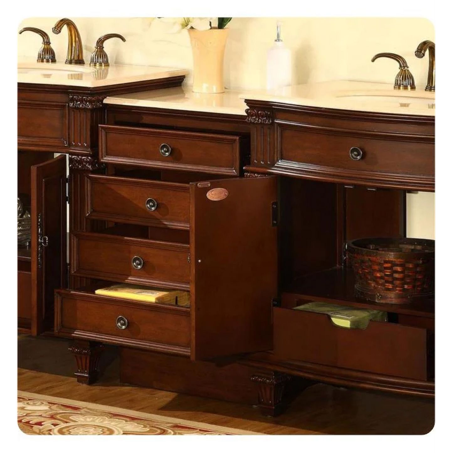 Silkroad Exclusive 80" Double Sink Cherry Modular Bathroom Vanity With Crema Marfil Marble Countertop, Ivory Ceramic Undermount Sink and Drawer Bank Cabinet - HYP-0205-CM-UIC-80