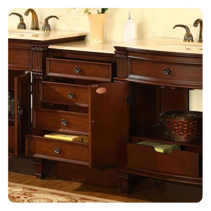 Silkroad Exclusive 80" Double Sink Cherry Modular Bathroom Vanity With Crema Marfil Marble Countertop, Ivory Ceramic Undermount Sink and Drawer Bank Cabinet - HYP-0205-CM-UIC-80