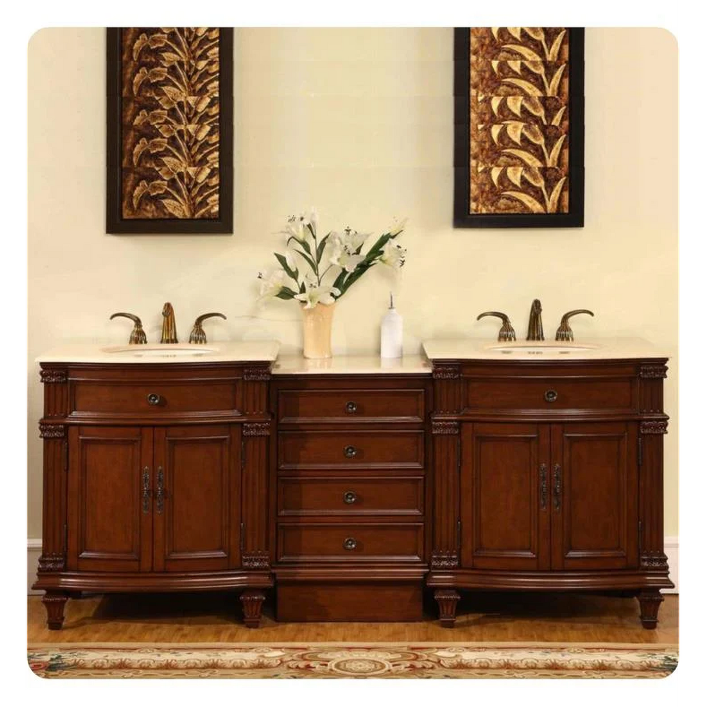 Silkroad Exclusive 80" Double Sink Cherry Modular Bathroom Vanity With Crema Marfil Marble Countertop, Ivory Ceramic Undermount Sink and Drawer Bank Cabinet - HYP-0205-CM-UIC-80