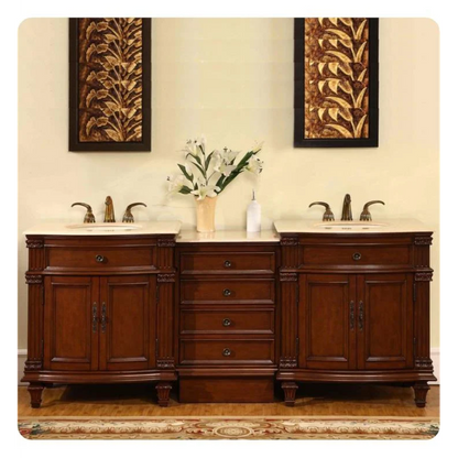 Silkroad Exclusive 80" Double Sink Cherry Modular Bathroom Vanity With Crema Marfil Marble Countertop, Ivory Ceramic Undermount Sink and Drawer Bank Cabinet - HYP-0205-CM-UIC-80