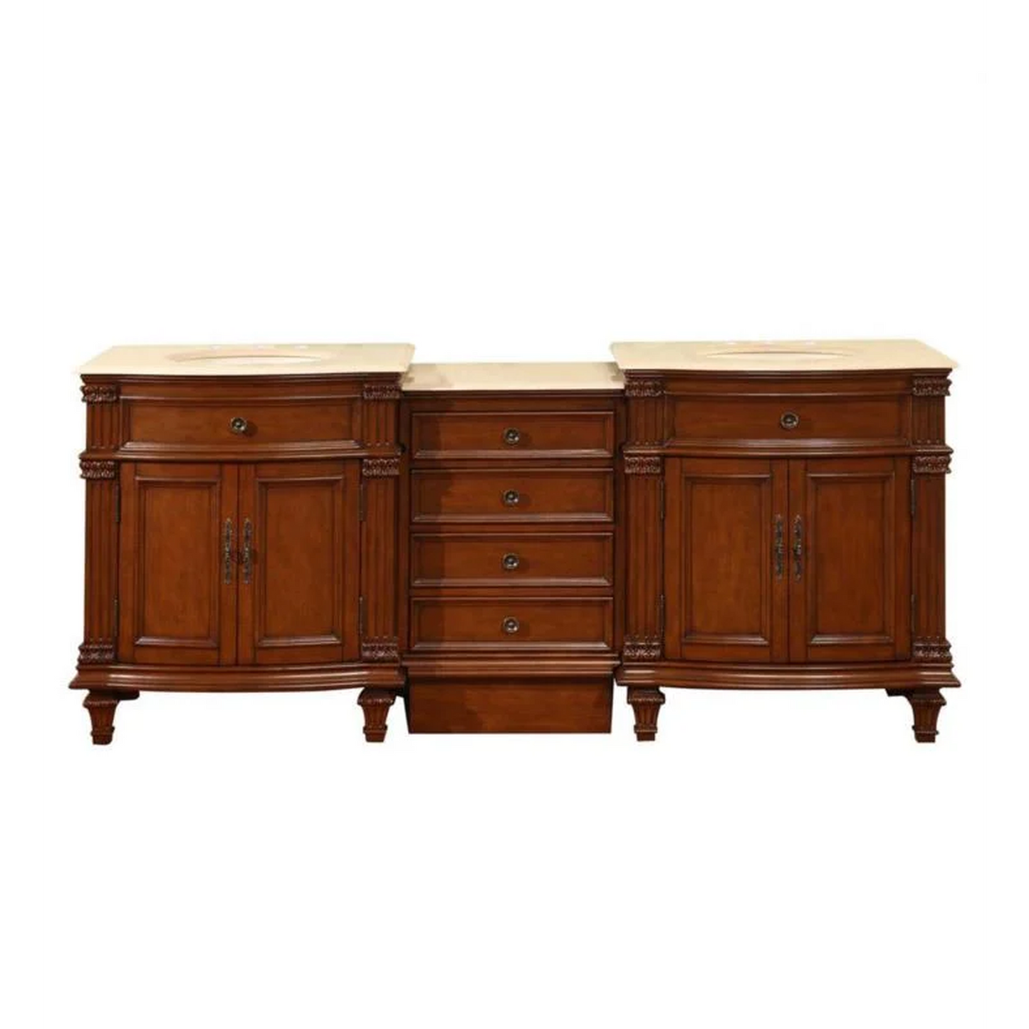 Silkroad Exclusive 80" Double Sink Cherry Modular Bathroom Vanity With Crema Marfil Marble Countertop, Ivory Ceramic Undermount Sink and Drawer Bank Cabinet - HYP-0205-CM-UIC-80
