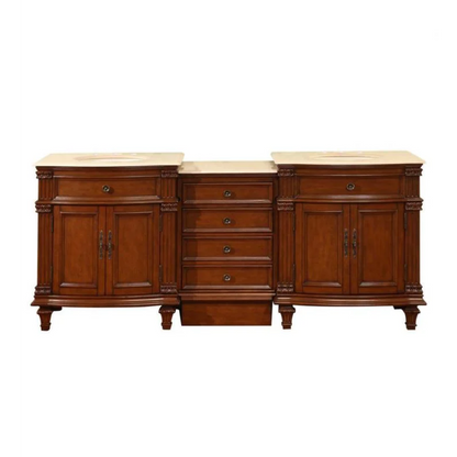 Silkroad Exclusive 80" Double Sink Cherry Modular Bathroom Vanity With Crema Marfil Marble Countertop, Ivory Ceramic Undermount Sink and Drawer Bank Cabinet - HYP-0205-CM-UIC-80