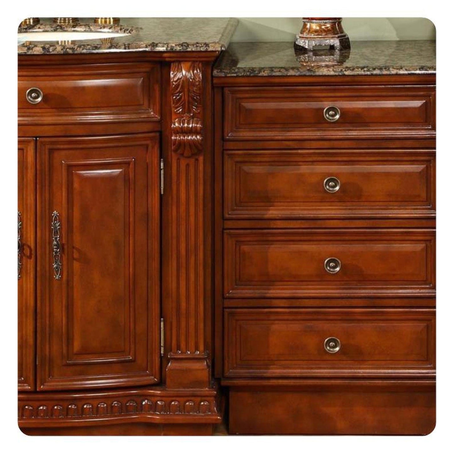 Silkroad Exclusive 85" Double Sink Cherry Modular Bathroom Vanity With Baltic Brown Granite Countertop, Ivory Ceramic Undermount Sink and Drawer Bank Cabinet - HYP-0206-BB-UIC-85