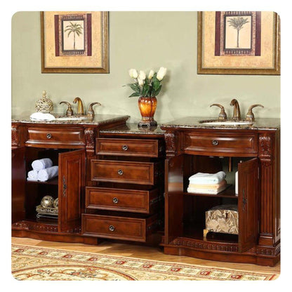 Silkroad Exclusive 85" Double Sink Cherry Modular Bathroom Vanity With Baltic Brown Granite Countertop, Ivory Ceramic Undermount Sink and Drawer Bank Cabinet - HYP-0206-BB-UIC-85