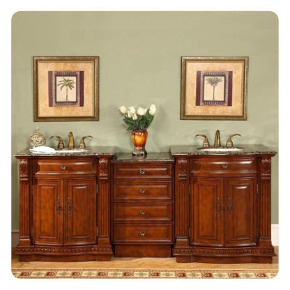 Silkroad Exclusive 85" Double Sink Cherry Modular Bathroom Vanity With Baltic Brown Granite Countertop, Ivory Ceramic Undermount Sink and Drawer Bank Cabinet - HYP-0206-BB-UIC-85