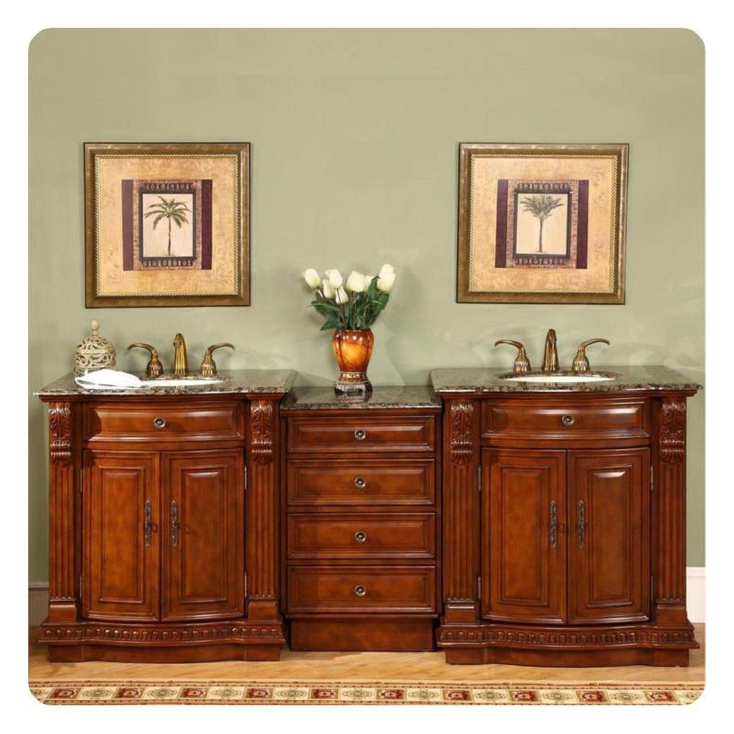 Silkroad Exclusive 85" Double Sink Cherry Modular Bathroom Vanity With Baltic Brown Granite Countertop, Ivory Ceramic Undermount Sink and Drawer Bank Cabinet - HYP-0206-BB-UIC-85