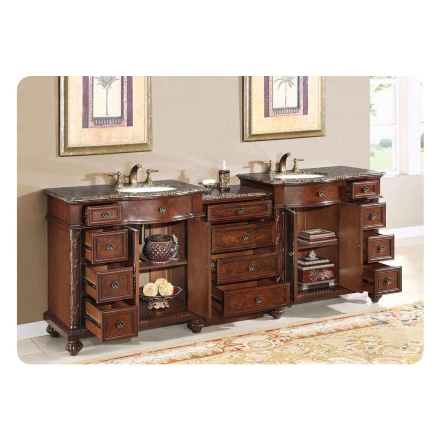 Silkroad Exclusive 90" Double Sink English Chestnut Modular Bathroom Vanity With Baltic Brown Granite Countertop, White Ceramic Undermount Sink and Drawer Bank Cabinet - HYP-0213-BB-UWC-90