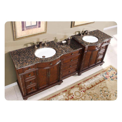 Silkroad Exclusive 90" Double Sink English Chestnut Modular Bathroom Vanity With Baltic Brown Granite Countertop, White Ceramic Undermount Sink and Drawer Bank Cabinet - HYP-0213-BB-UWC-90