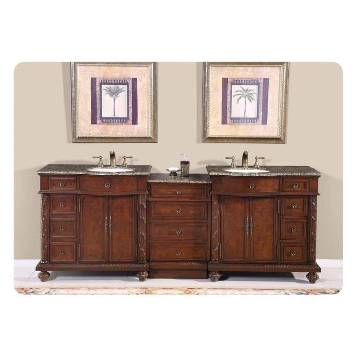Silkroad Exclusive 90" Double Sink English Chestnut Modular Bathroom Vanity With Baltic Brown Granite Countertop, White Ceramic Undermount Sink and Drawer Bank Cabinet - HYP-0213-BB-UWC-90