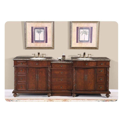 Silkroad Exclusive 90" Double Sink English Chestnut Modular Bathroom Vanity With Baltic Brown Granite Countertop, White Ceramic Undermount Sink and Drawer Bank Cabinet - HYP-0213-BB-UWC-90