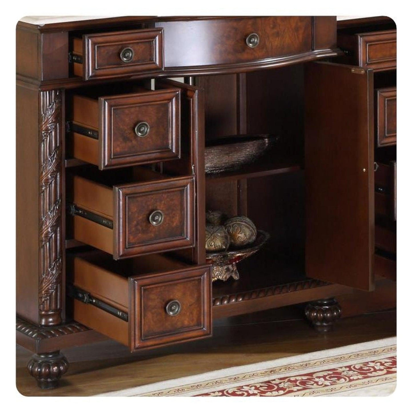 Silkroad Exclusive 90" Double Sink English Chestnut Modular Bathroom Vanity With Crema Marfil Marble Countertop, Ivory Ceramic Undermount Sink and Drawer Bank Cabinet - HYP-0213-CM-UIC-90