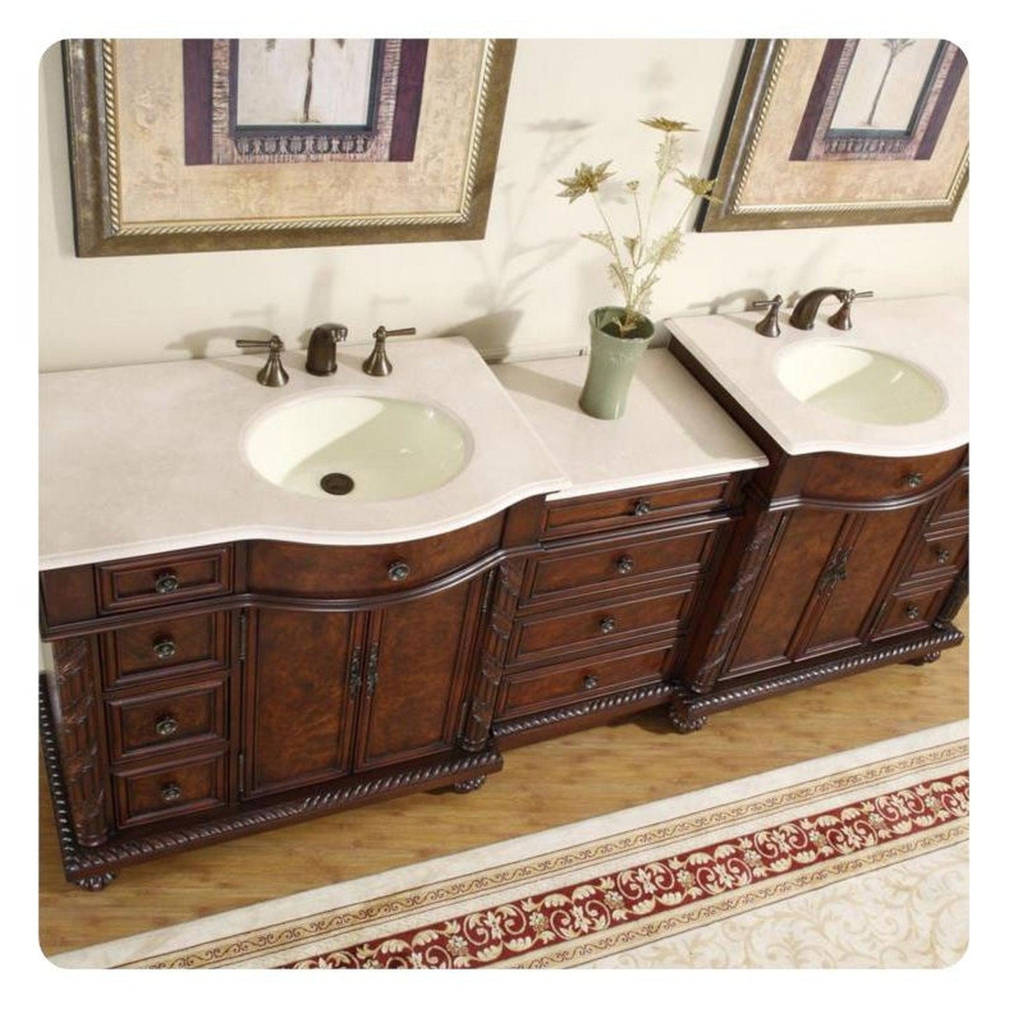 Silkroad Exclusive 90" Double Sink English Chestnut Modular Bathroom Vanity With Crema Marfil Marble Countertop, Ivory Ceramic Undermount Sink and Drawer Bank Cabinet - HYP-0213-CM-UIC-90