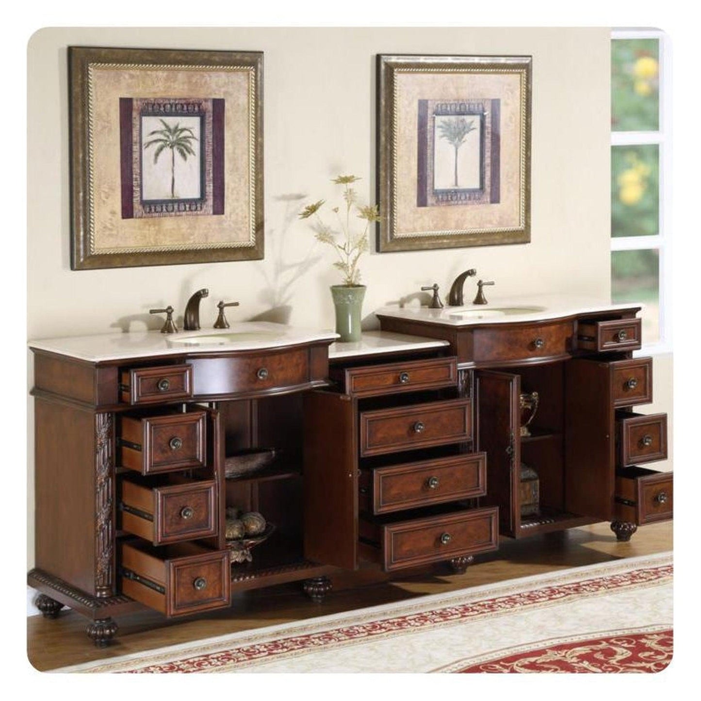 Silkroad Exclusive 90" Double Sink English Chestnut Modular Bathroom Vanity With Crema Marfil Marble Countertop, Ivory Ceramic Undermount Sink and Drawer Bank Cabinet - HYP-0213-CM-UIC-90