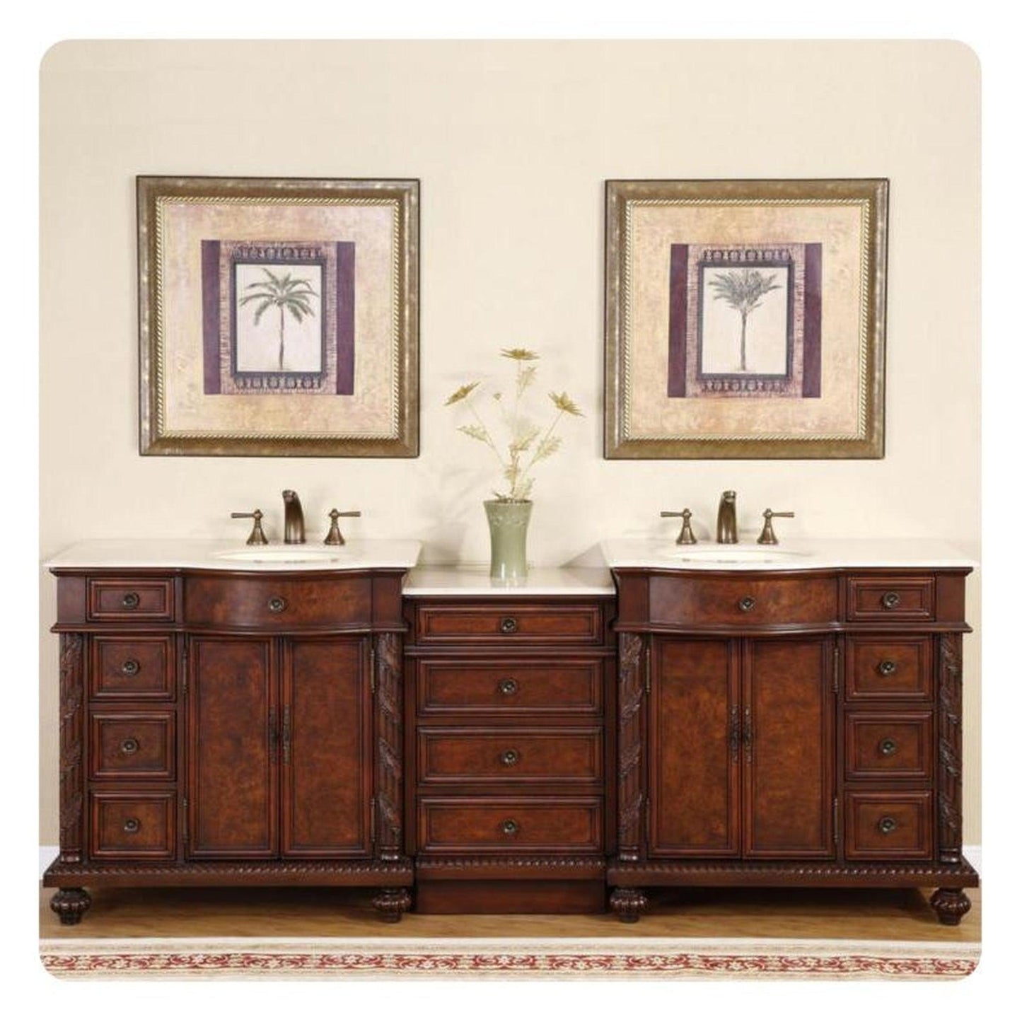 Silkroad Exclusive 90" Double Sink English Chestnut Modular Bathroom Vanity With Crema Marfil Marble Countertop, Ivory Ceramic Undermount Sink and Drawer Bank Cabinet - HYP-0213-CM-UIC-90