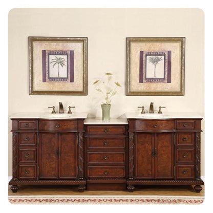 Silkroad Exclusive 90" Double Sink English Chestnut Modular Bathroom Vanity With Crema Marfil Marble Countertop, Ivory Ceramic Undermount Sink and Drawer Bank Cabinet - HYP-0213-CM-UIC-90