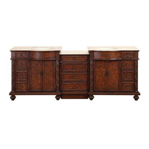 Silkroad Exclusive 90" Double Sink English Chestnut Modular Bathroom Vanity With Crema Marfil Marble Countertop, Ivory Ceramic Undermount Sink and Drawer Bank Cabinet - HYP-0213-CM-UIC-90