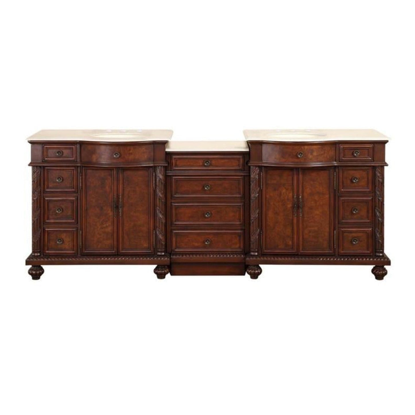 Silkroad Exclusive 90" Double Sink English Chestnut Modular Bathroom Vanity With Crema Marfil Marble Countertop, Ivory Ceramic Undermount Sink and Drawer Bank Cabinet - HYP-0213-CM-UIC-90