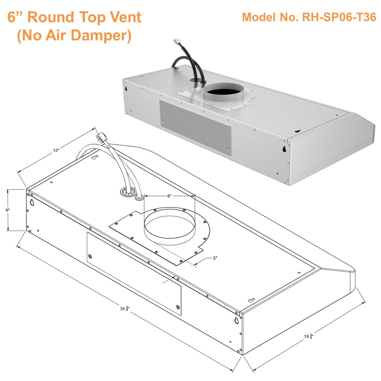 RH-SP06-T Quiet Split Range Hood - 6inch Top Vent - 800CFM