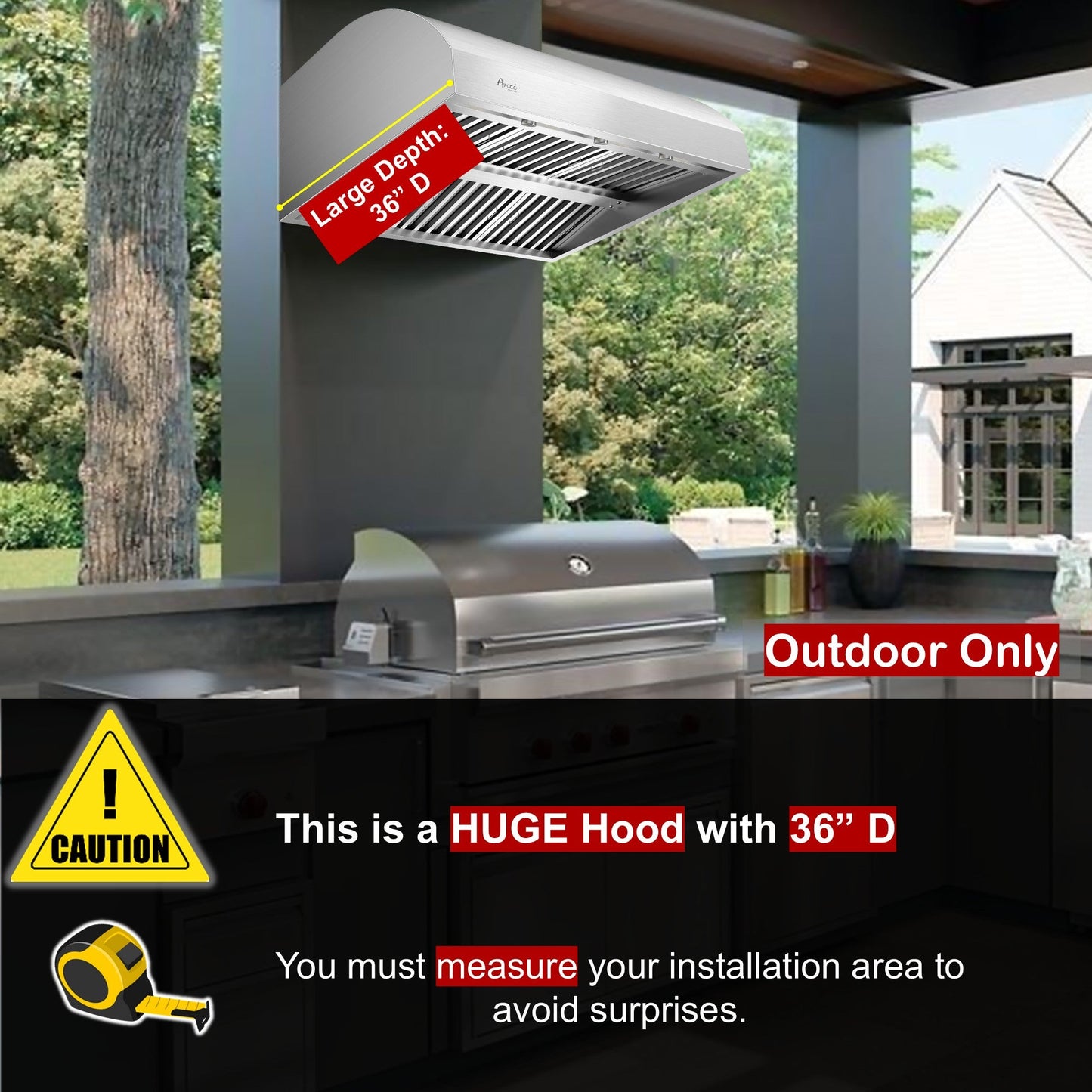 Awoco 42" Outdoor BBQ Vent Hood 18" High Type 304 Stainless Steel, 4 Speeds 2000 CFM with Chimney Cover, 8” Round Top Vent - AWC-RH-WM-BBQ-42+Chim-12x42